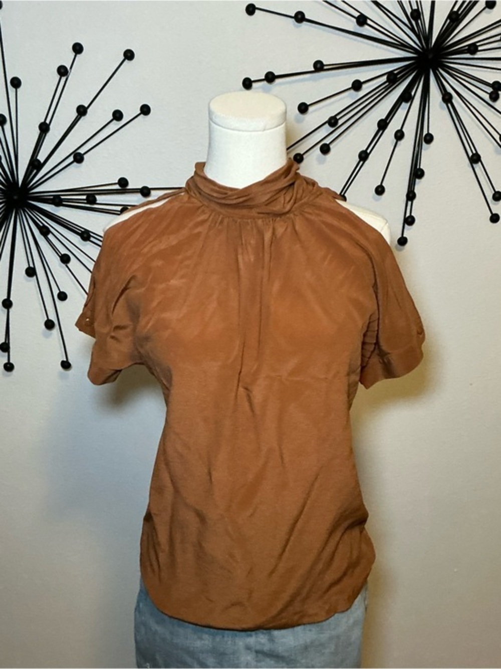 Moda International Brown Cold Shoulder Mock Neck Blouse XS
